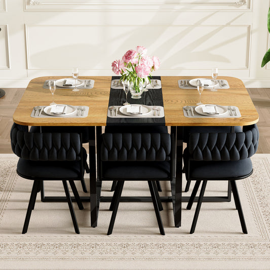 7-Piece Rectangular Dining Table Set, Fixed Two-Tone Wood Grain & Black Triamine Tabletop With 6 Black Velvet Chairs, Modern Kitchen Table Set For 6 People, Ideal For Small Spaces, Apartment