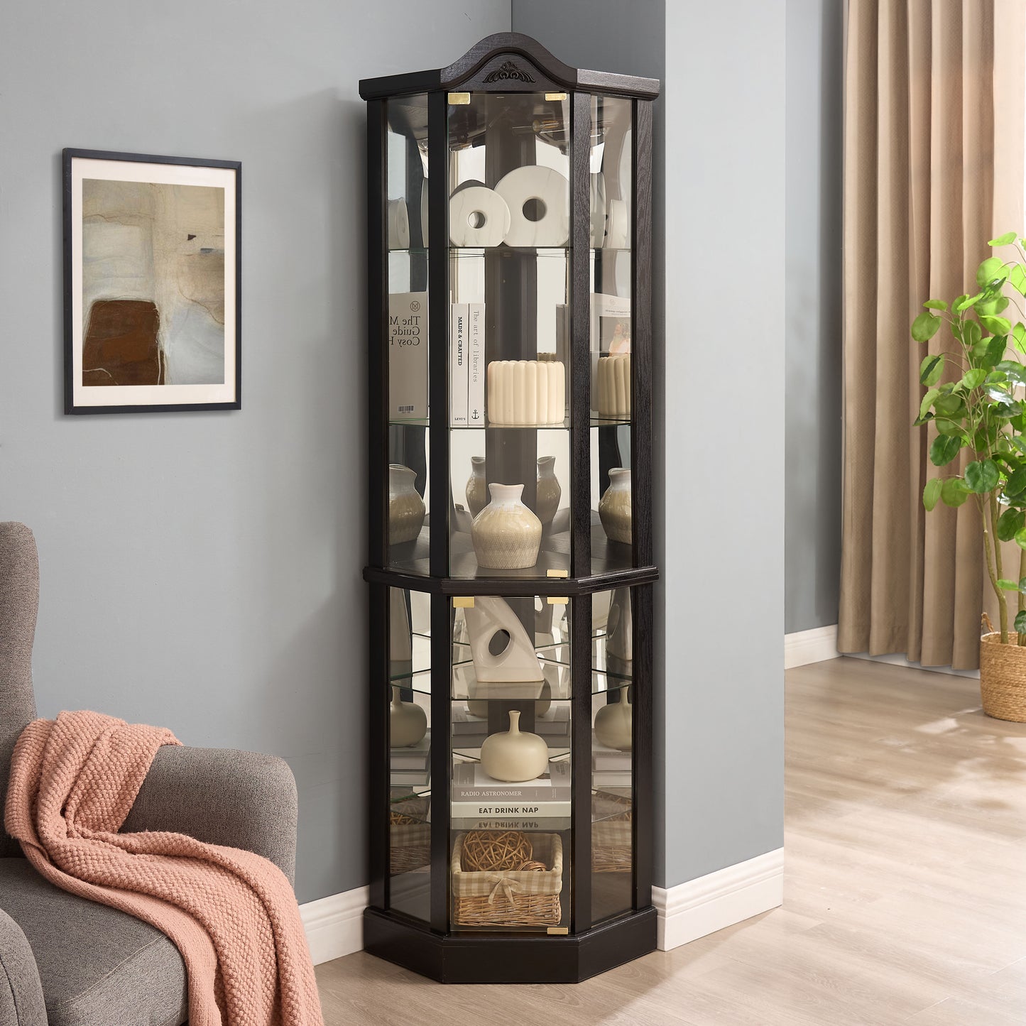 Lighted Glass Display Cabinet Corner Curio Cabinet With Adjustable Shelves Carved Cherry Decoration Wine Cabinet Perfect For Home Or Office Use-BLACK