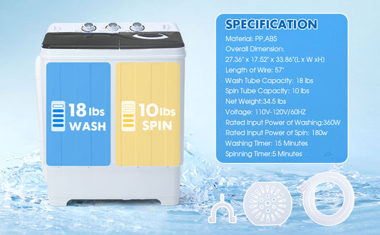 Grey28lbs Portable Washing Machine With 18lbs Wash And 10lbs Spin, Twin Tub Washer Compact Machine With Drain Pump, Mini Portable Washer For Home, Camping, RVs, And Small Spaces, Grey