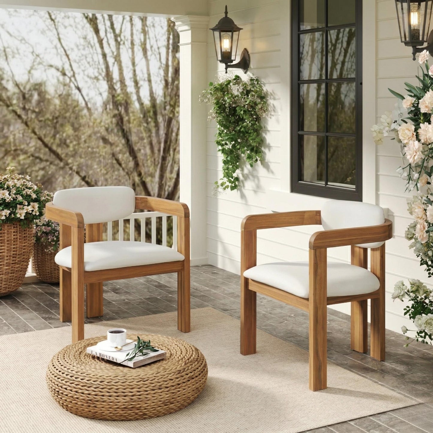 Set Of 2 Outdoor Acacia Wood Dining Chairs With Cushions, Modern Solid Wood Armchairs With Weather-Resistant Upholstery For Patio, Garden, Balcony & Backyard,Beige Cushion