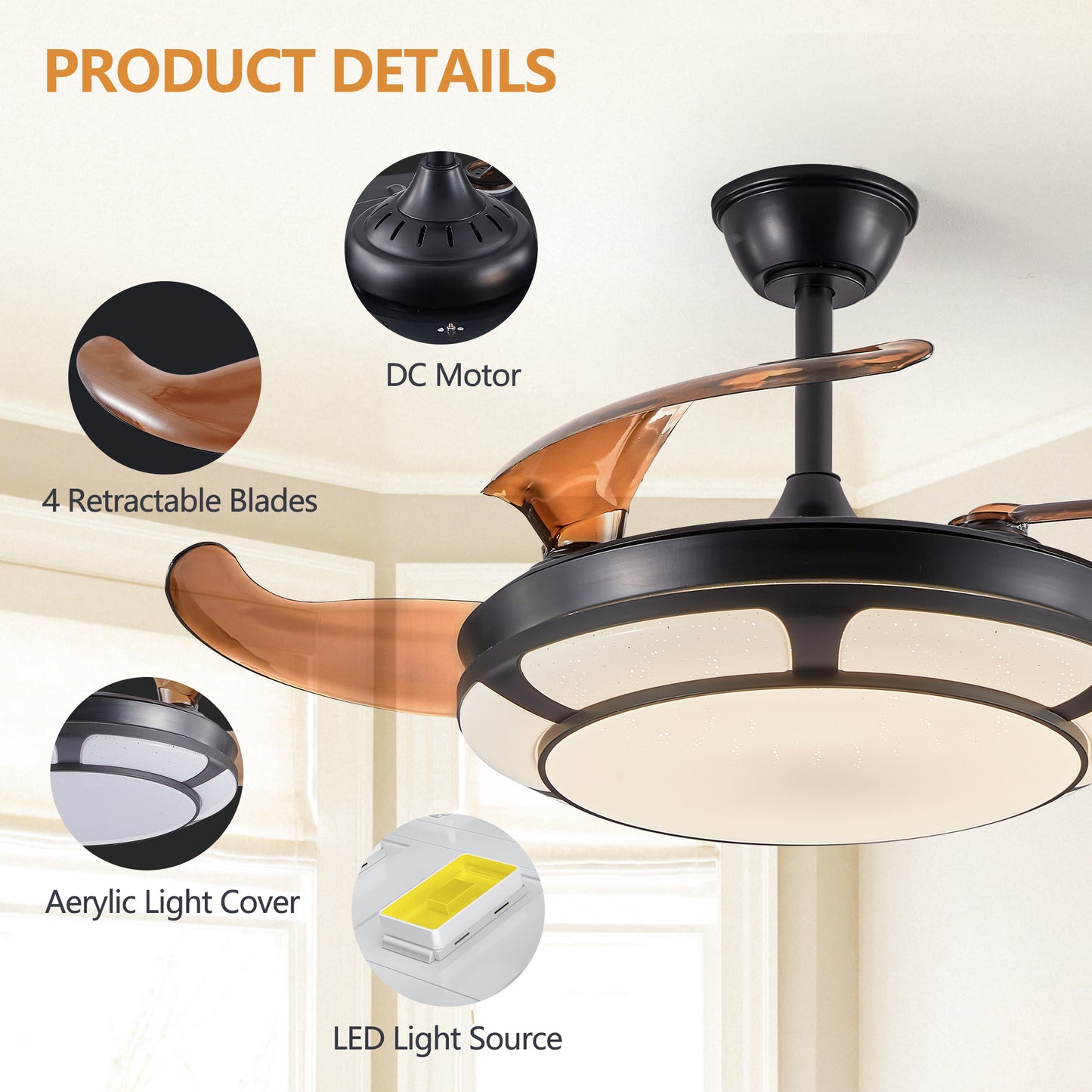 42 Retractable Ceiling Fan With Light, Modern LED Chandelier Fan With Remote Control, 6 Speed Adjustable Blades, Quiet DC Motor, Dimmable Lighting For Living Room, Bedroom, Dining Room
