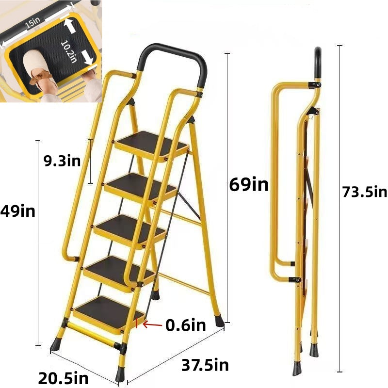 5 Step Ladder With Handrails, Folding Step Stool With Anti-Slip Wide Pedals