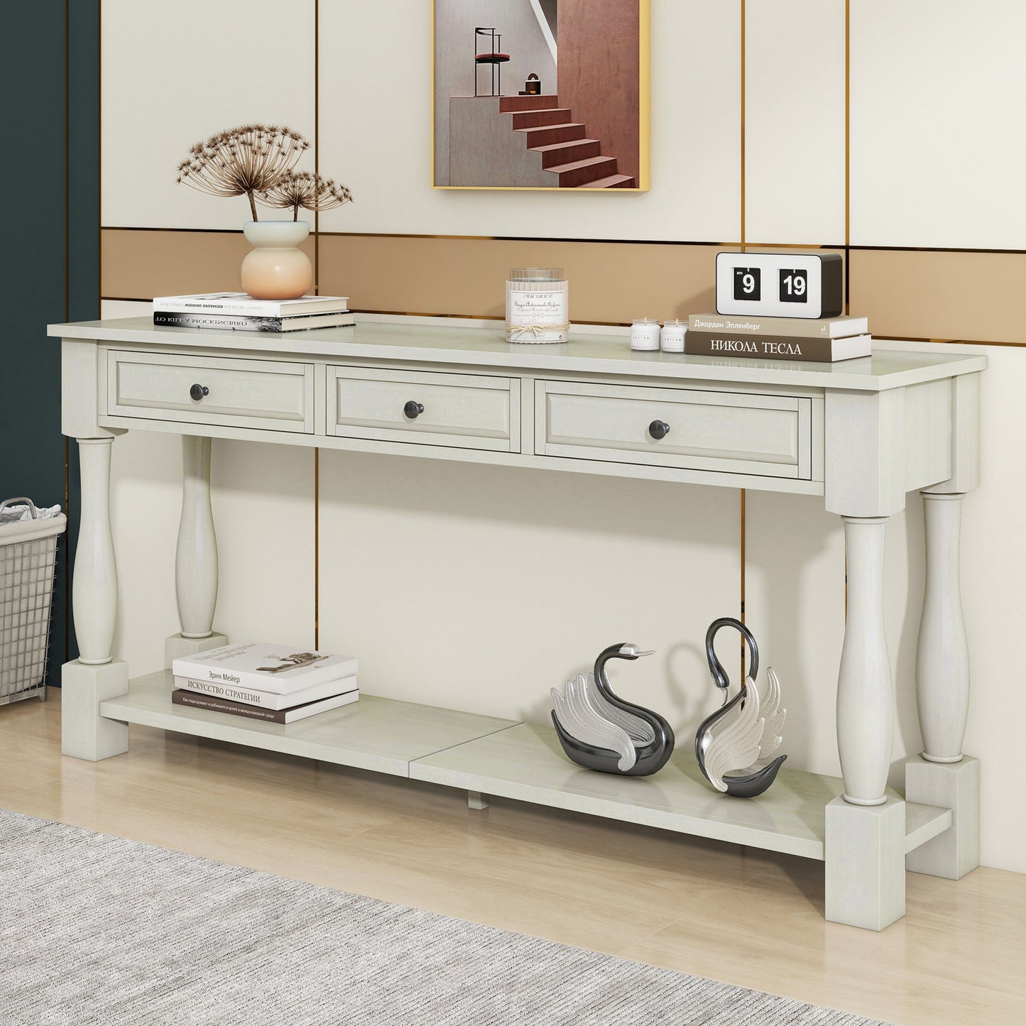 TREXM Console Table 63 Long Console Table With Drawers And Shelf For Entryway  Hallway  Living Room  Antique White