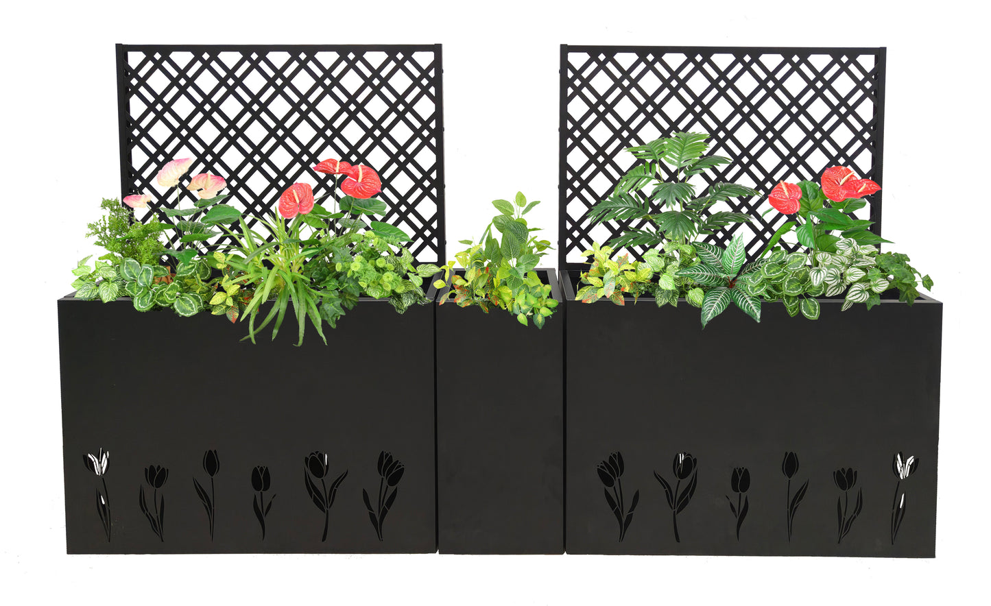 Metal Planter-Trellis Combo Set Of 3 - Raised Garden Bed, Flower Trellis & Privacy Screen For Patio, Balcony, Garden, Rust-Resistant Planter Box With Drainage Holes, 23.6in Depth Planting Bed, Tulip