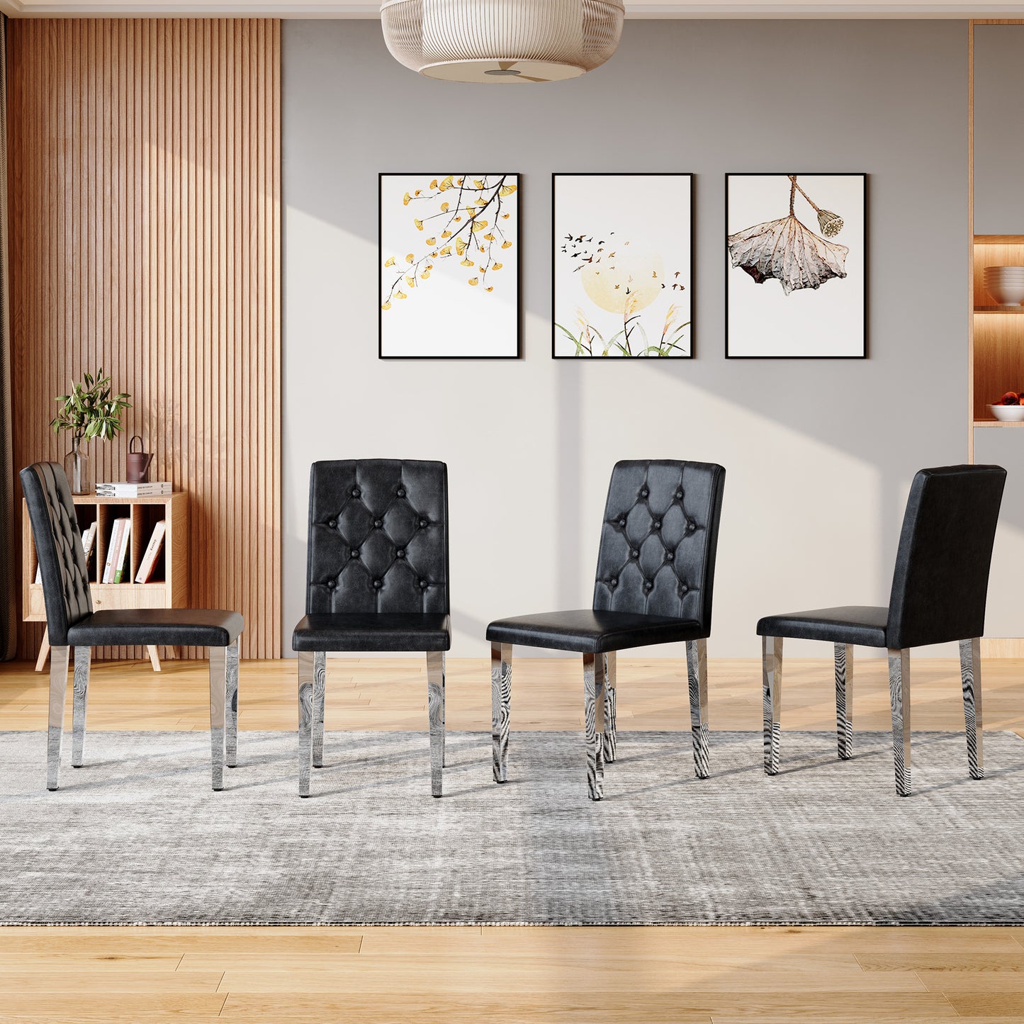 4-pack Black PU Dining Chairs,Ergonomic Buckle Backrest, 35 Inches High, Silver Metal Legs,Combines Comfort And Texture.Perfectly Suitable For Family Dining Rooms, Hotel Banquet Halls,etc.W1151P29570