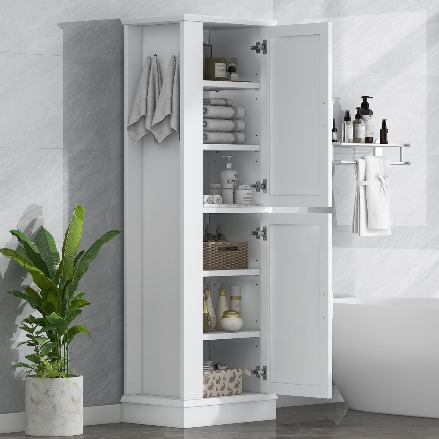 Tall Bathroom Storage Cabinet, Freestanding Storage Cabinet With Hook And Adjustable Shelf, MDF Board, White