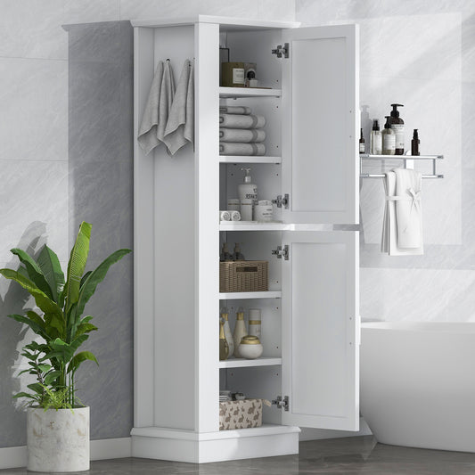 Tall Bathroom Storage Cabinet, Freestanding Storage Cabinet With Hook And Adjustable Shelf, MDF Board, White