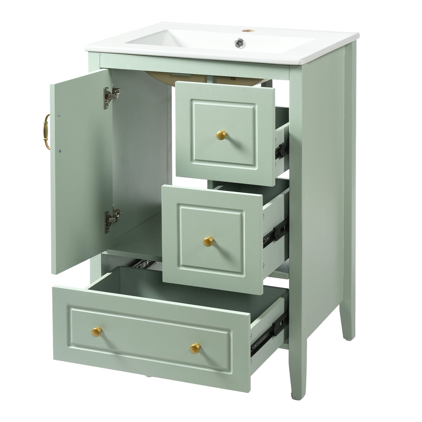 24 Inch Bathroom Vanity With Sink, One Cabinet With Soft-closing Door, 3 Soft-closing Drawers, Retro Metal Handles, Light Green