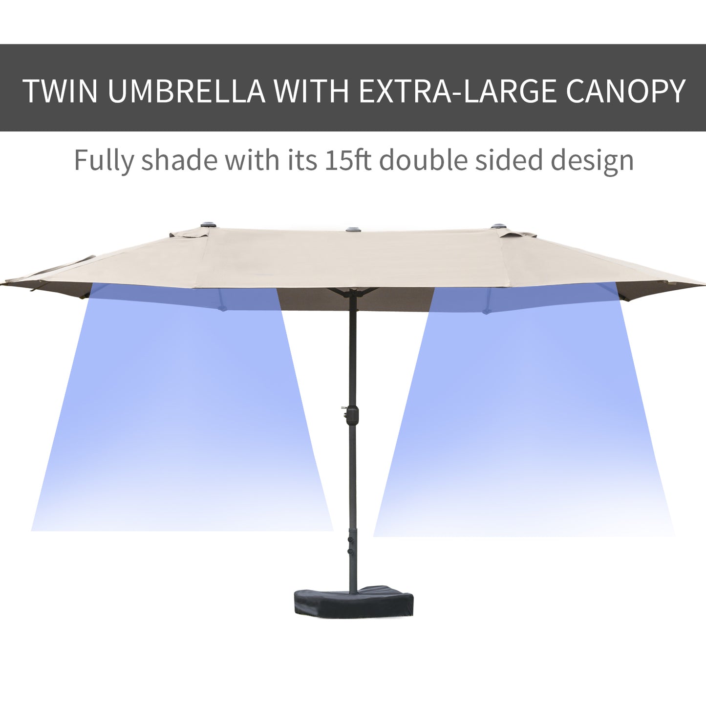 Patio Umbrella 15' Steel Rectangular Outdoor Double Sided Market With Base, UV Sun Protection & Easy Crank For Deck Pool Patio, Coffee