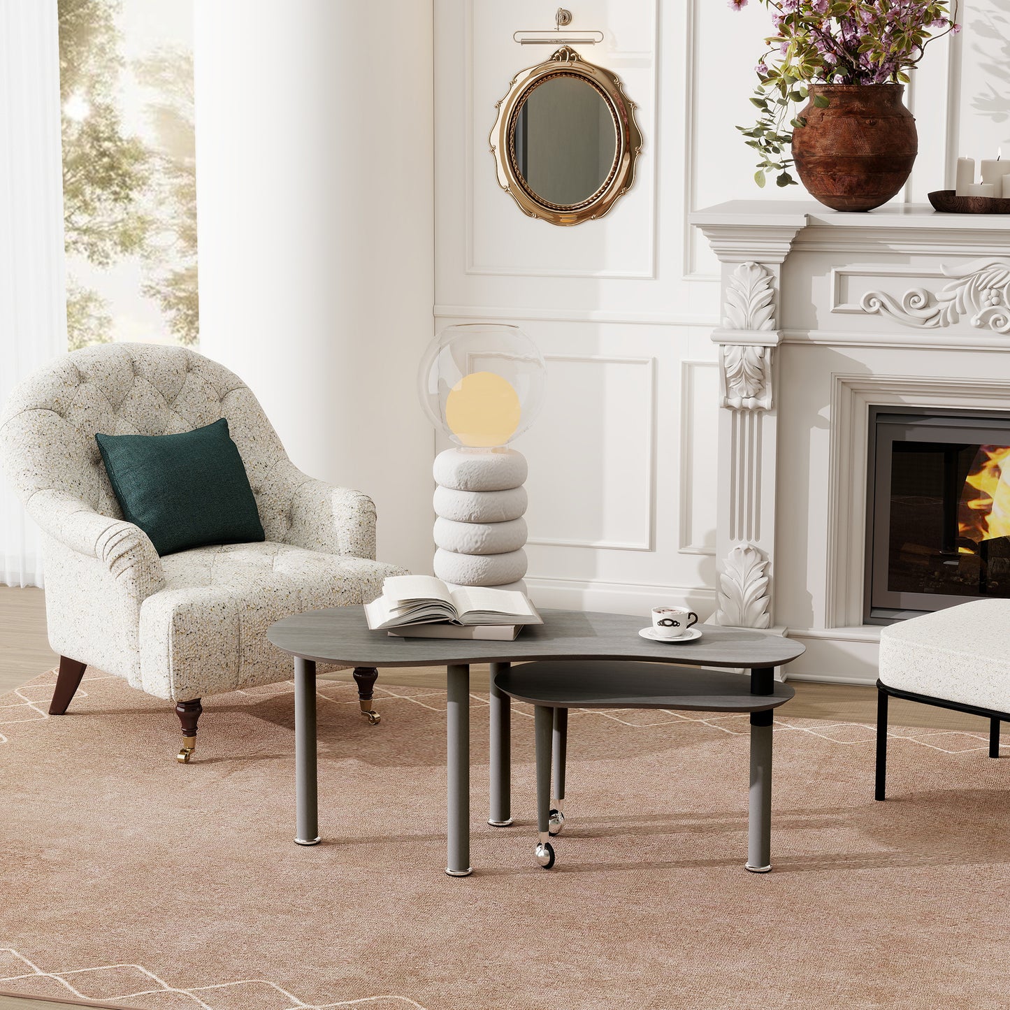 Contemporary Rotatable Cocktail Table With Solid Rubber Wood Legs, 360 Degree Rotating Coffee Table With Wood Grain Veneer Tabletop Grey Brown  Walnut Black Finish For Living Room, Bedroom