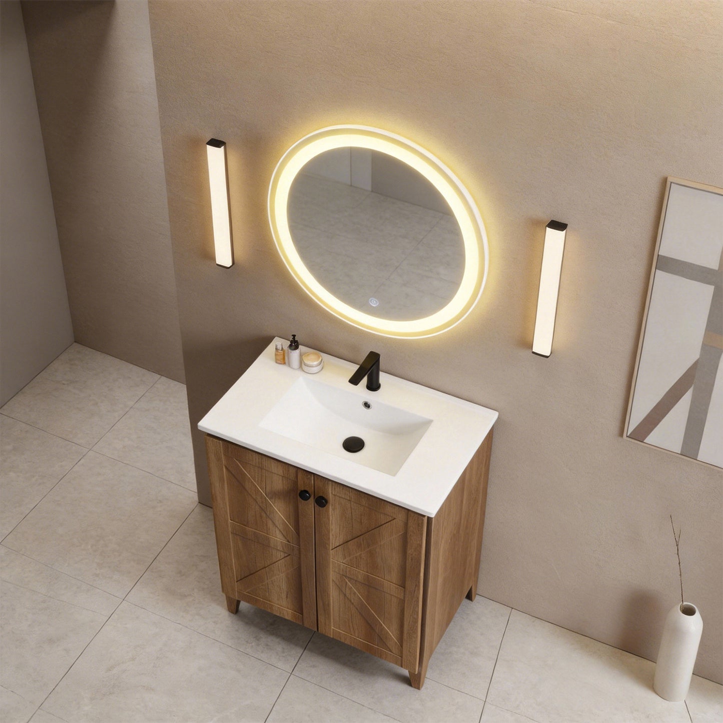 30inch Golden Oak Folding Floor Cabinet With Ceramic Sink- Patented 1-Minute Install  Space-Saving & Easy Assemble American Style