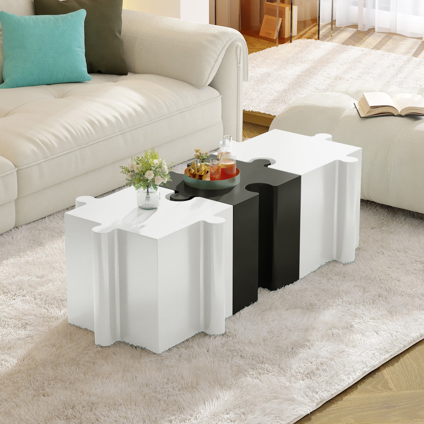 3-Piece Artistic Puzzle Table Set,Modular MGO Side Tables With Interlocking Design  2 Convex & 1 Concave , 200lb Capacity For Indoor & Outdoor,White & Black Color