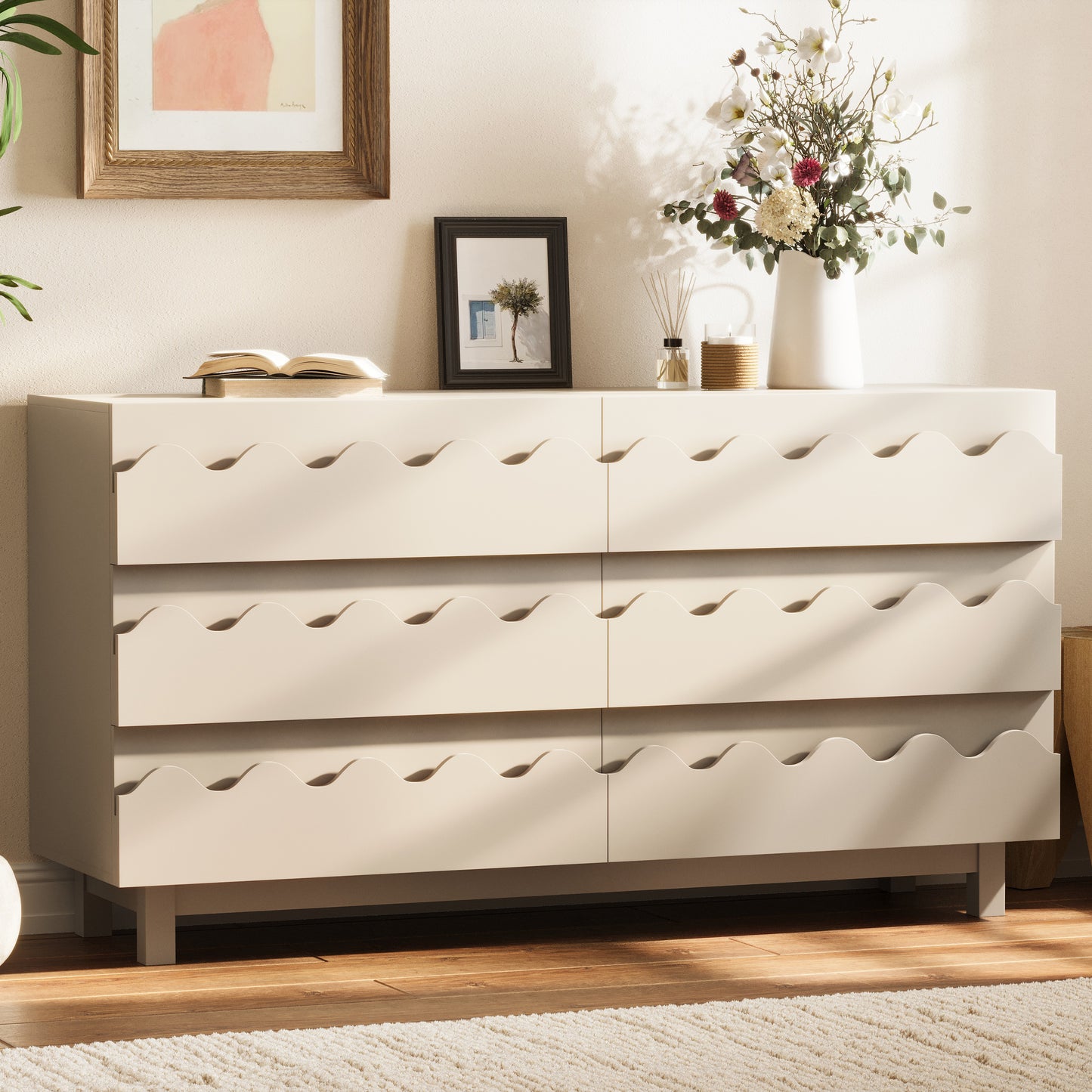 60  Length 6 Drawer Dresser With Wave Front Design, Modern TV Stand & Chest Of Drawers, Anti-Tip Clothes Storage Organizer For Bedroom, Living Room And Nursery, Ivory