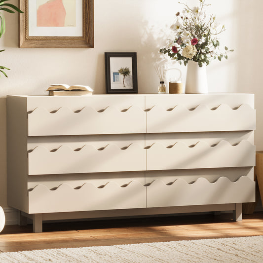 60  Length 6 Drawer Dresser With Wave Front Design, Modern TV Stand & Chest Of Drawers, Anti-Tip Clothes Storage Organizer For Bedroom, Living Room And Nursery, Ivory