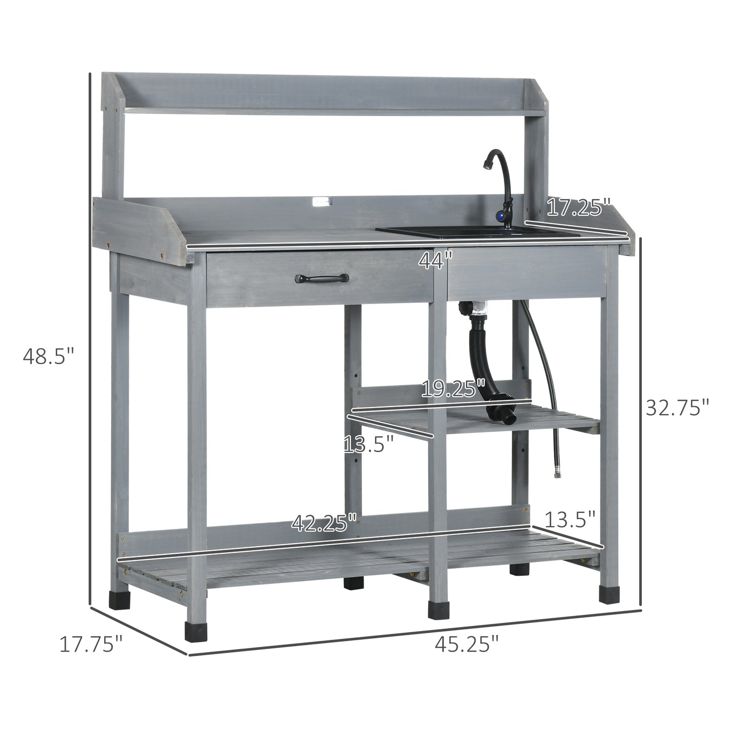 Potting Bench Table, Outdoor Garden Table Wooden Work Station With Removable Sink, Faucet, Drawer, Shelves, Hooks, Gray