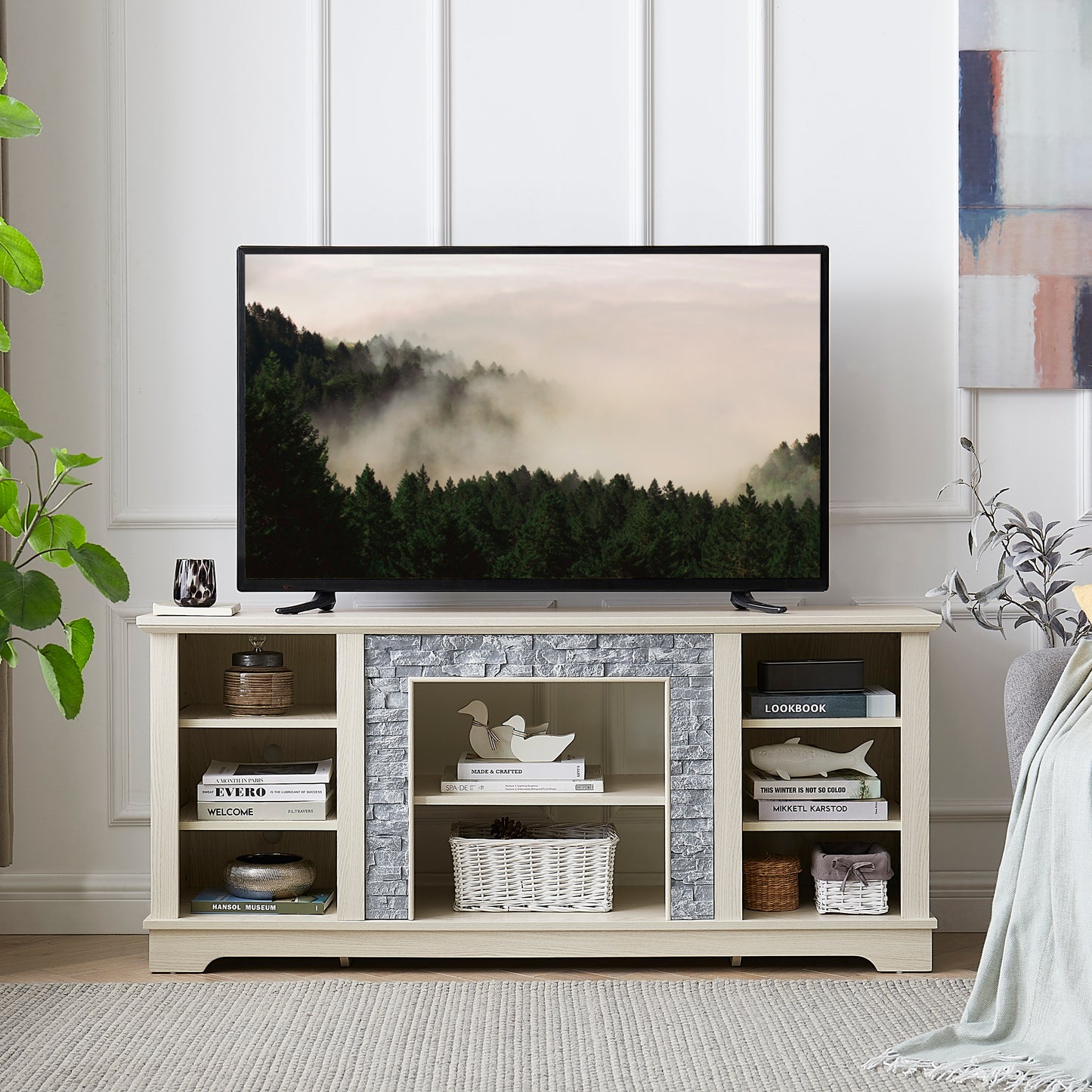 Mantel Stone TV Media Stand With With Faux Stacked Stone Surround, Modern Entertainment Console With Open Storage Space,WHITE, 58.31 Wx15.39 Dx26.06 H