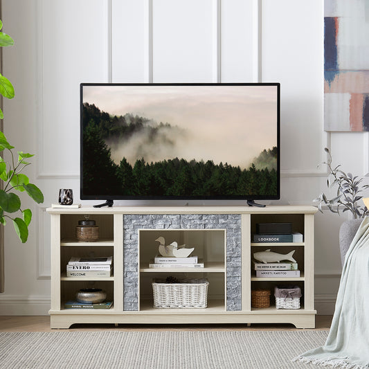 Mantel Stone TV Media Stand With With Faux Stacked Stone Surround, Modern Entertainment Console With Open Storage Space,WHITE, 58.31 Wx15.39 Dx26.06 H