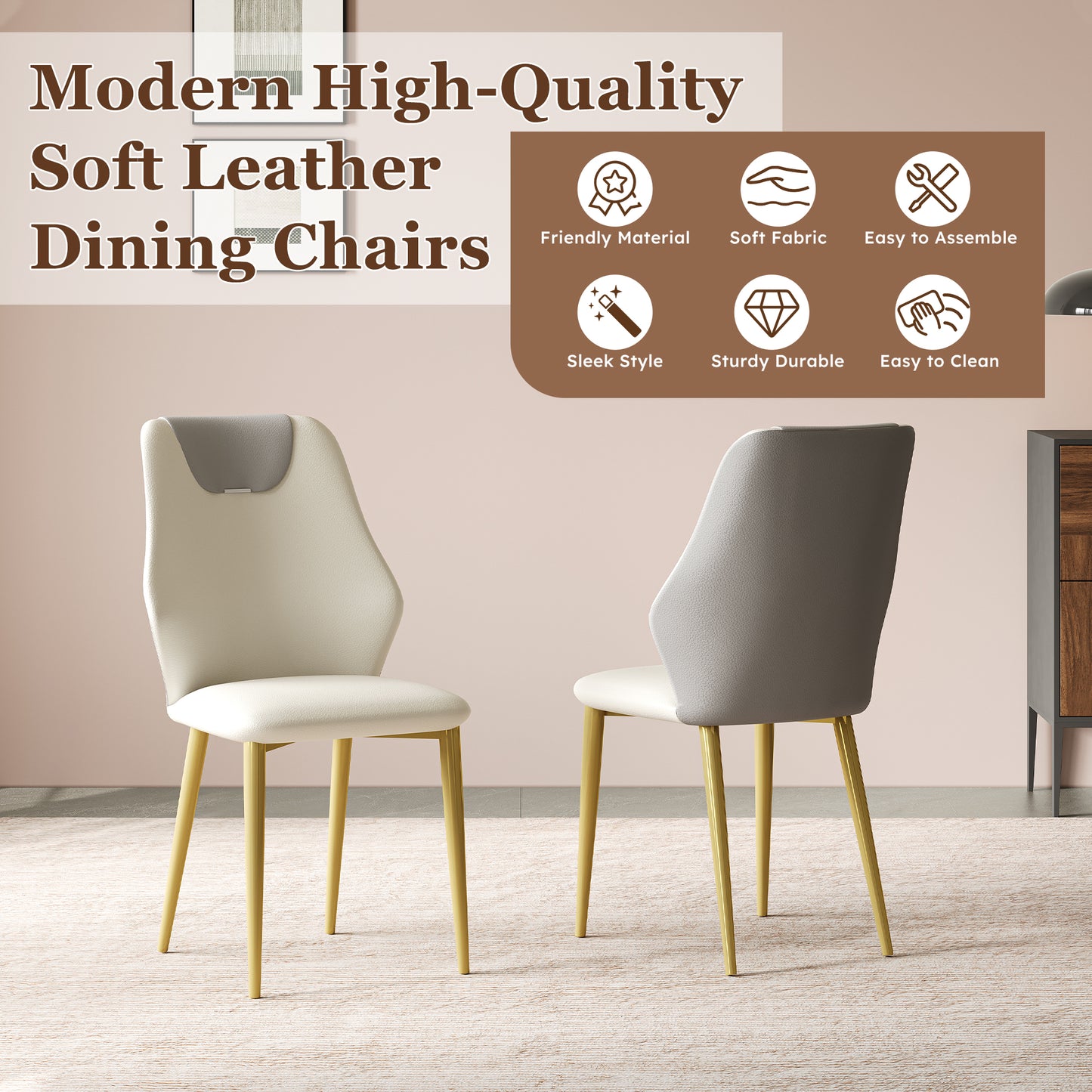 Set Of 2 Dining Chairs, High-quality PU Leather Seats, With Gold-plated Painted Carbon Steel Legs And Ergonomic Backrests, Suitable For Kitchen, Dining Room And Living Room  Miller White  Gray