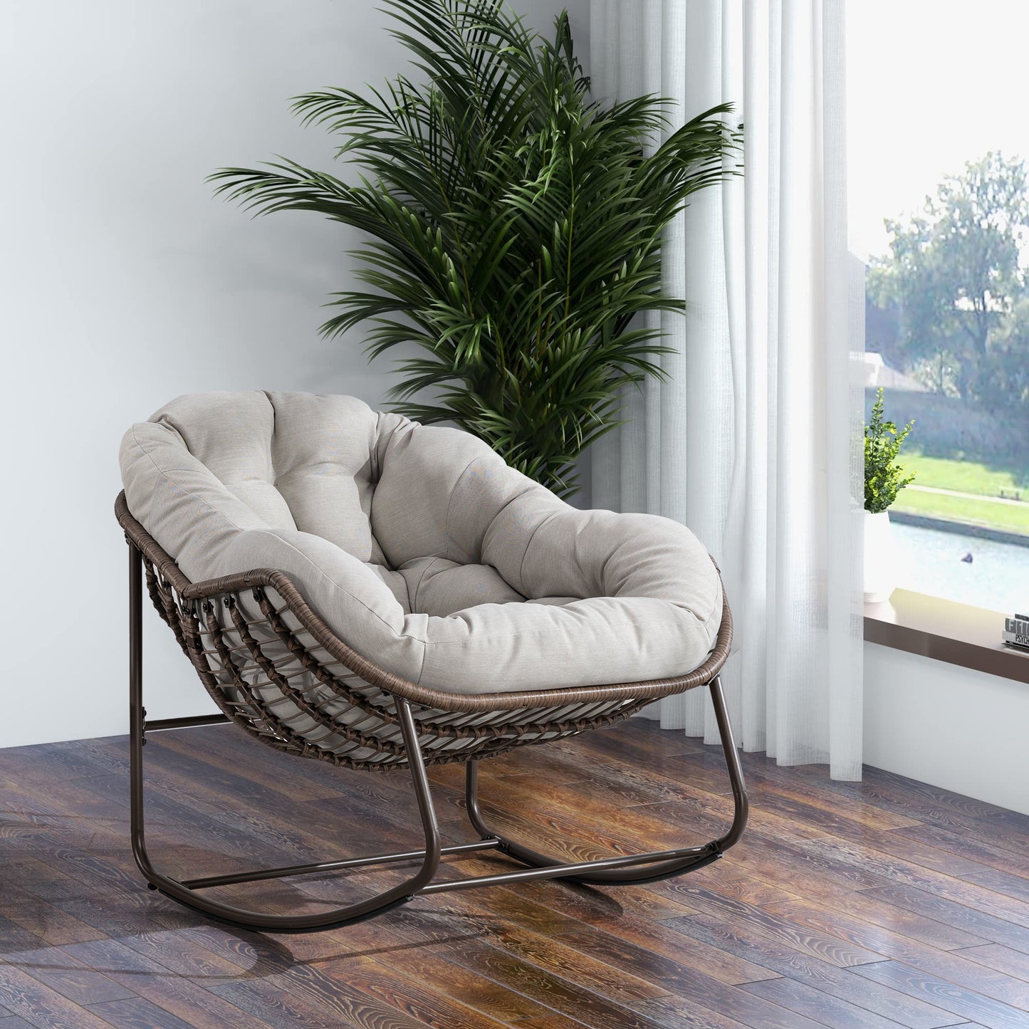 Outdoor Rattan Rocking Chair,Padded Cushion Rocker Recliner Chair Outdoor For Front Porch, Living Room, Patio, Garden, Beige