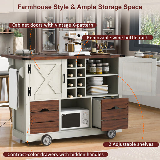 K&K 54  Farmhouse Kitchen Island With Drop Leaf, Power Outlet, Kitchen Storage Cart With 2 Doors, 2 Drawers, Rolling Kitchen Island On 4 Large Wheels With Spice Rack For Kitchen, Dining Room, White