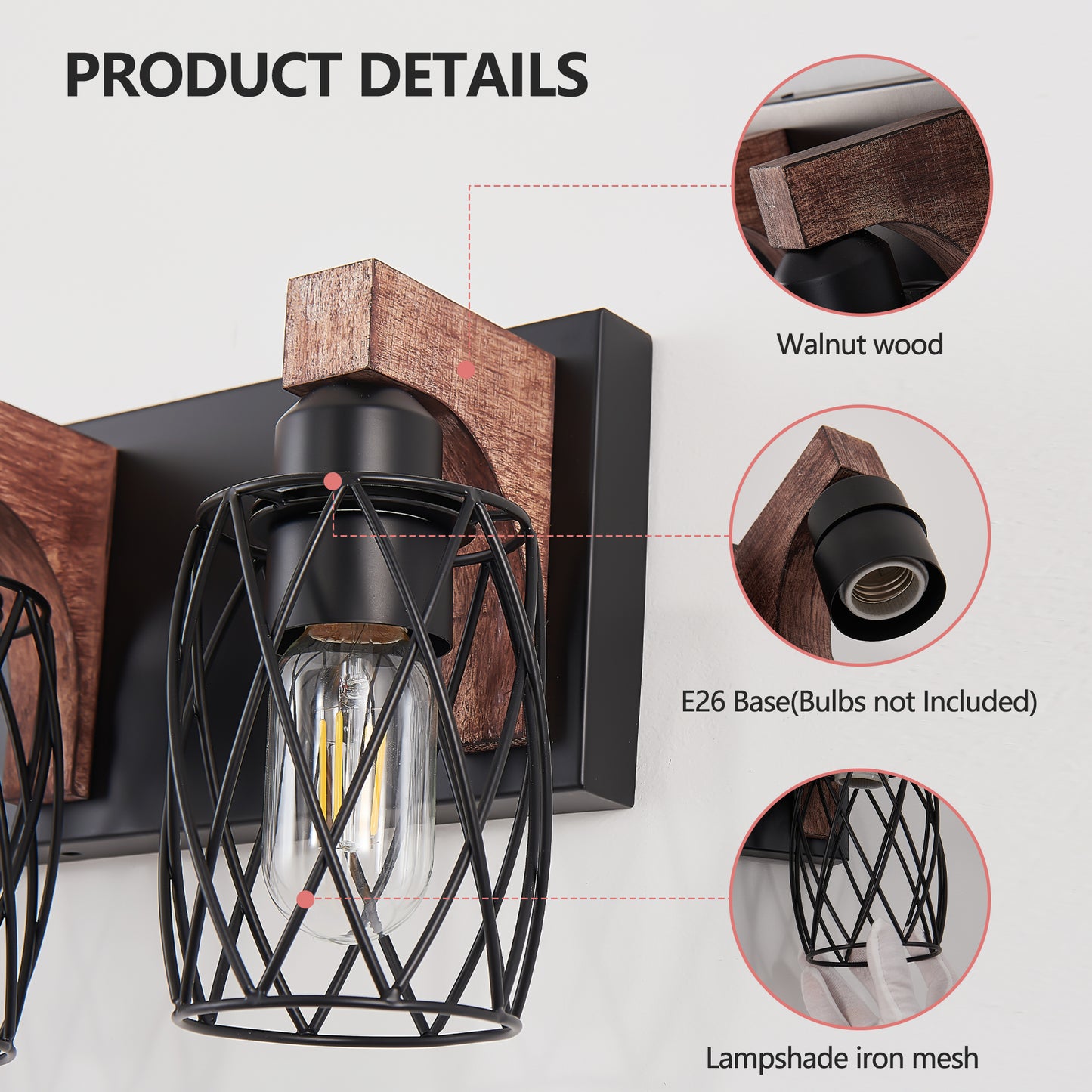 18 Industrial Vintage 3-Light Wall Sconce - Black Cage Wall Lighting Fixture With Wooden Accents For Bathroom, Hallway, Or Living Room  Bulb Not Included
