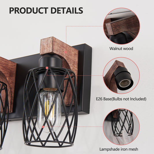18 Industrial Vintage 3-Light Wall Sconce - Black Cage Wall Lighting Fixture With Wooden Accents For Bathroom, Hallway, Or Living Room  Bulb Not Included
