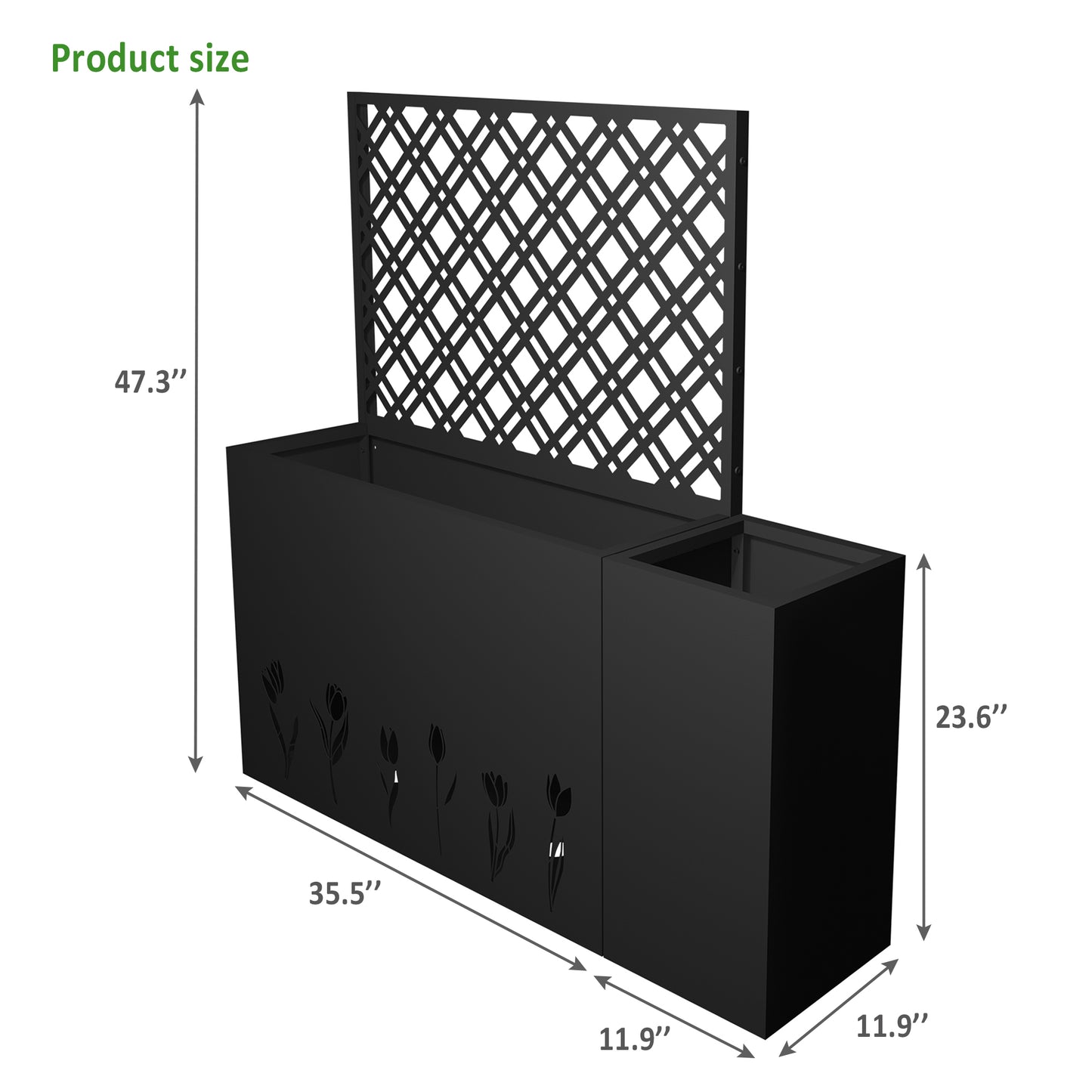 2-Piece Metal Planter Box With Trellis - 23.6in Depth Raised Garden Bed For Outdoor Indoor Use, Rust-Resistant Galvanized Steel Flower Planter With Drainage Holes, Tulip Black