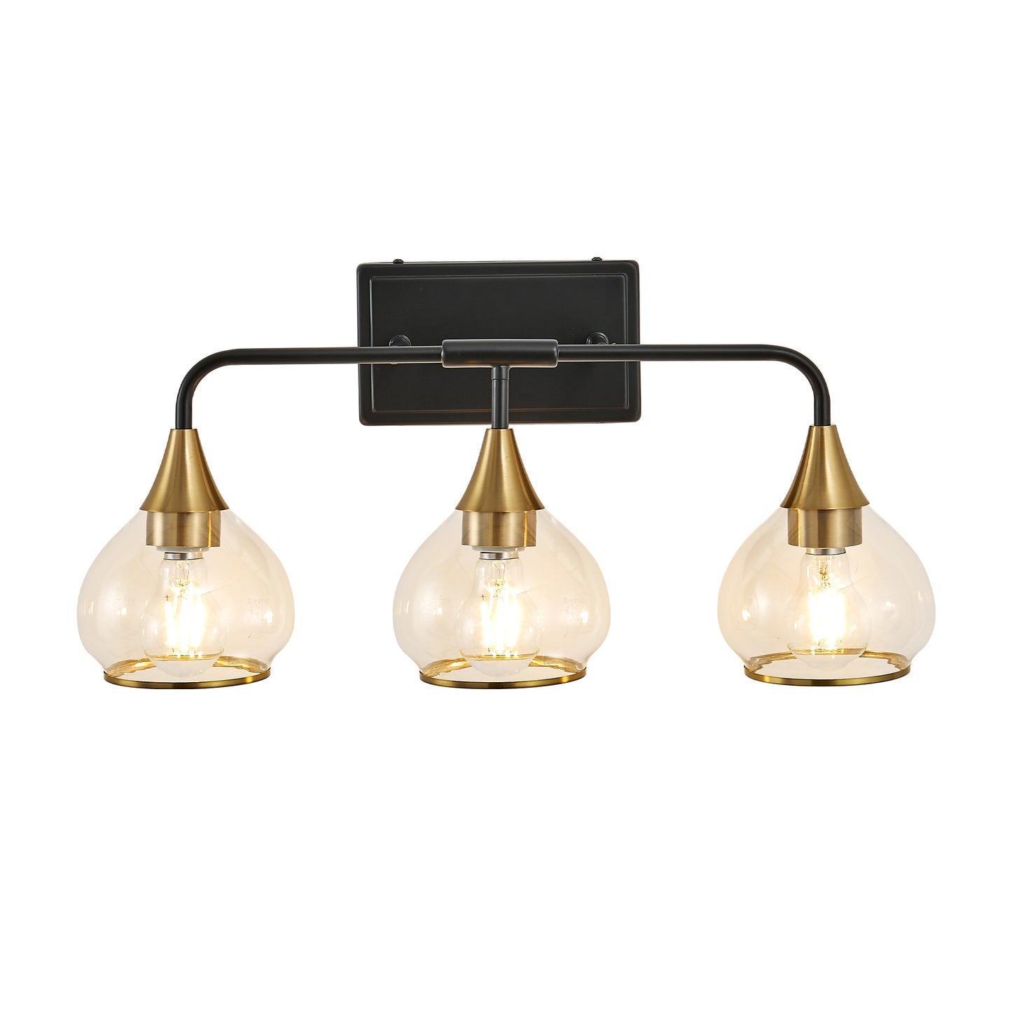 23in Modern 3-Light Vanity Wall Sconce - Black And Gold Bathroom Light Fixture With Clear Glass Shades, Industrial Wall Mounted Lamp For Mirror, Vanity, And Living Spaces Bulb Not Included