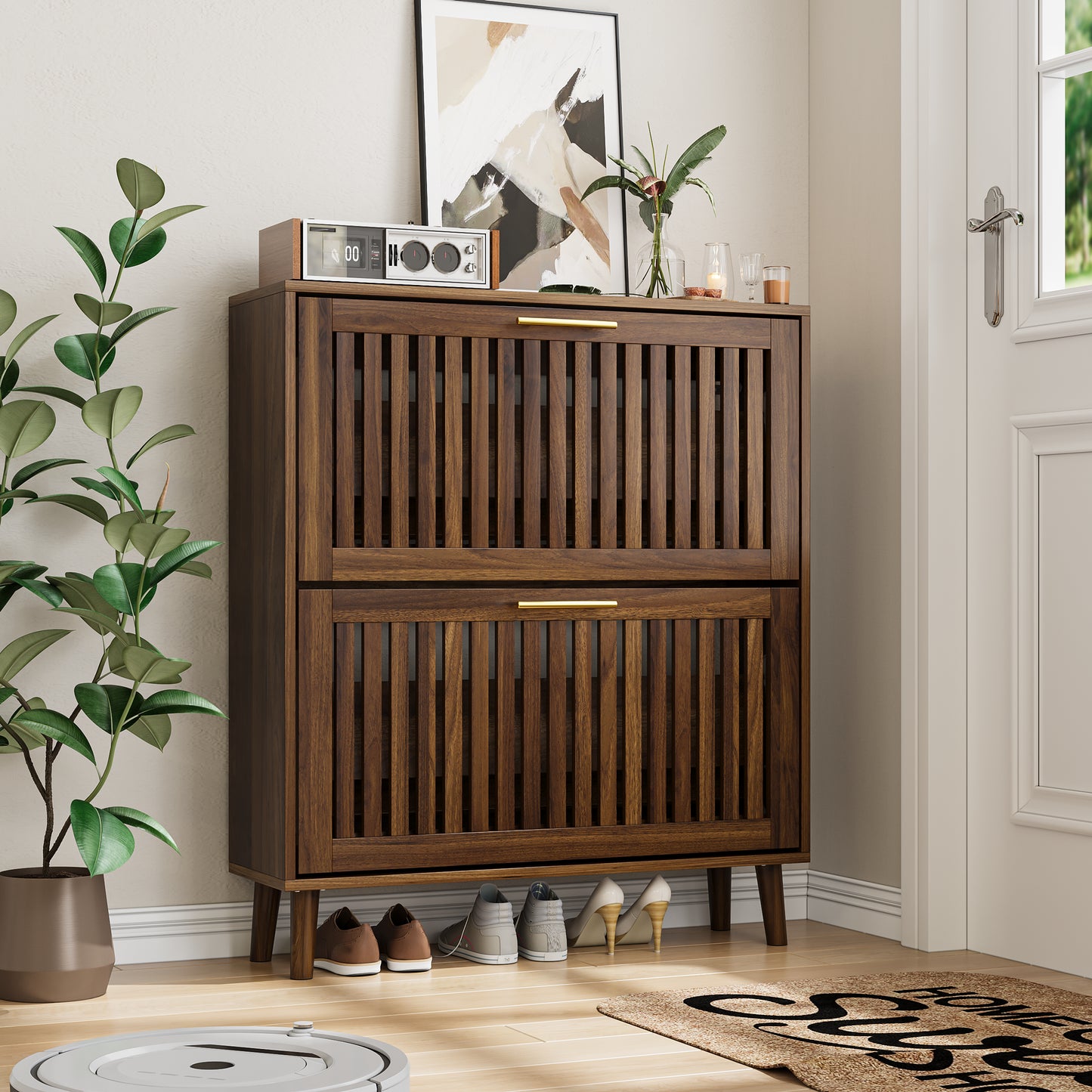 31.5-inch Walnut Shoe Storage Cabinet, Medieval Modern Independent Shoe Cabinet, Fence Shoe Cabinet With 2 Flip Drawers, Suitable For Corridors And Entrances