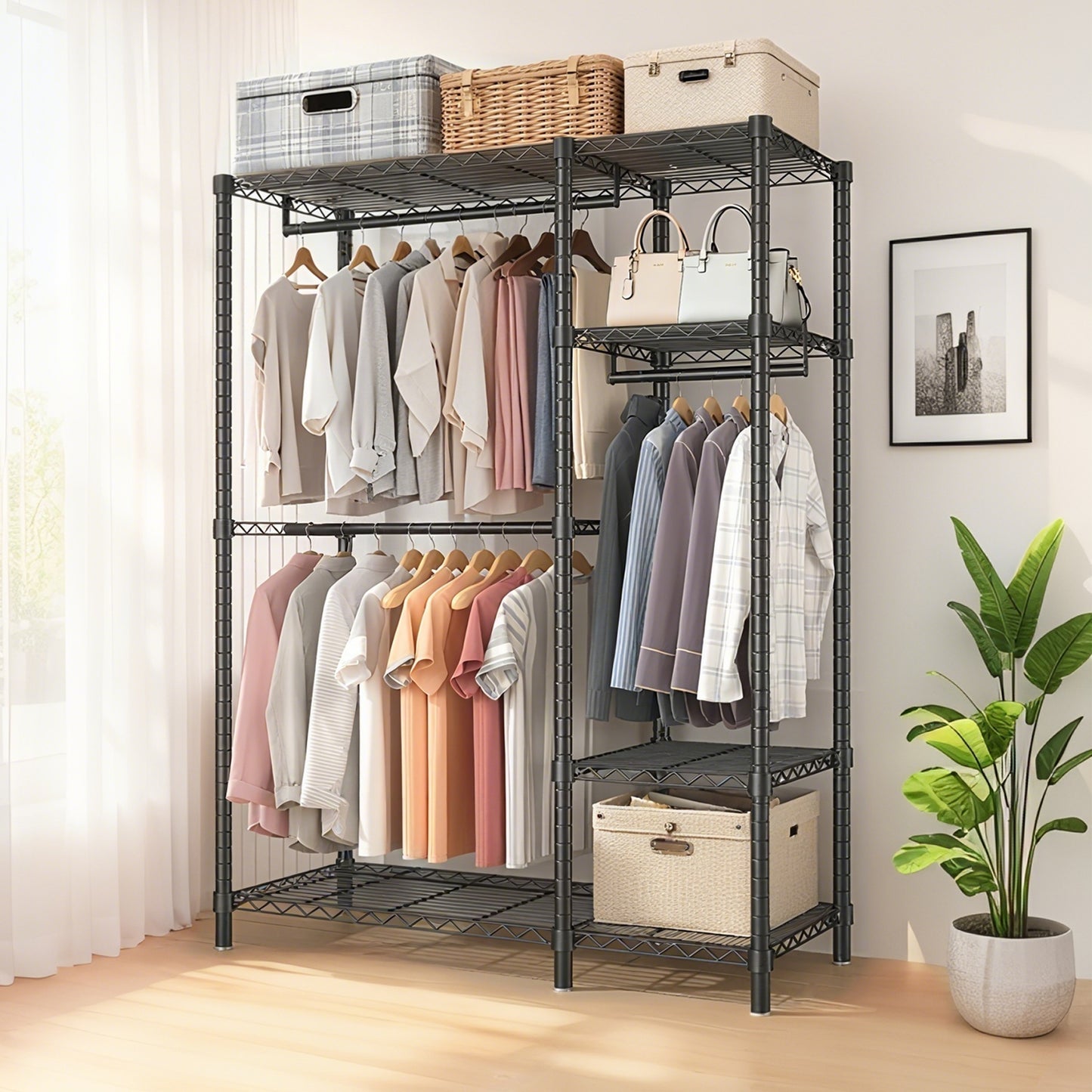 Heavy Duty Clothes Rack, Freestanding Closet Organizer, Portable Metal Clothing Rack, Adjustable Wire Shelving Clothes Rack With 6 Adjustable Wire Shelves And 3 Clothes Rails, Black