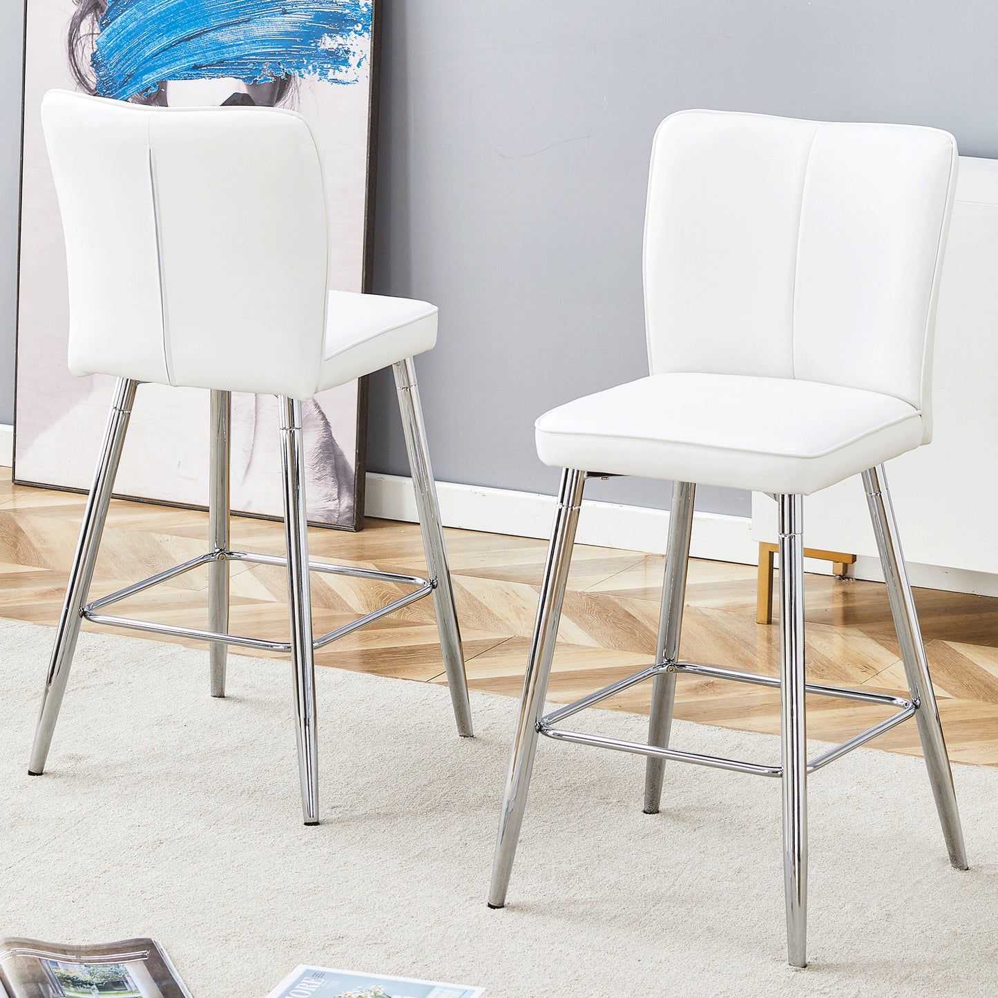 Modern White PU Bar Chair Set - Two Pieces, The Backrest Has A Vertical And Smooth Line Design With Silver Metal Leg.Suitable For Placement In Bars, Living Rooms, Bars, And Other Venues.