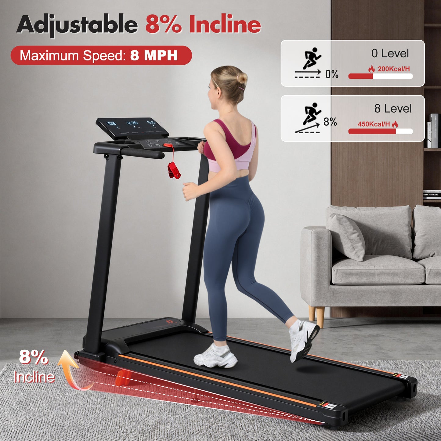 Treadmill With 8 Incline, Portable Treadmills For Home With Handle, Foldable Treadmills With 265 Lbs Capacity, 3.0HP Treadmill With 4 Adjustable Support Feet