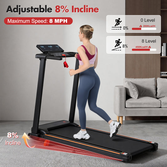 Treadmill With 8 Incline, Portable Treadmills For Home With Handle, Foldable Treadmills With 265 Lbs Capacity, 3.0HP Treadmill With 4 Adjustable Support Feet