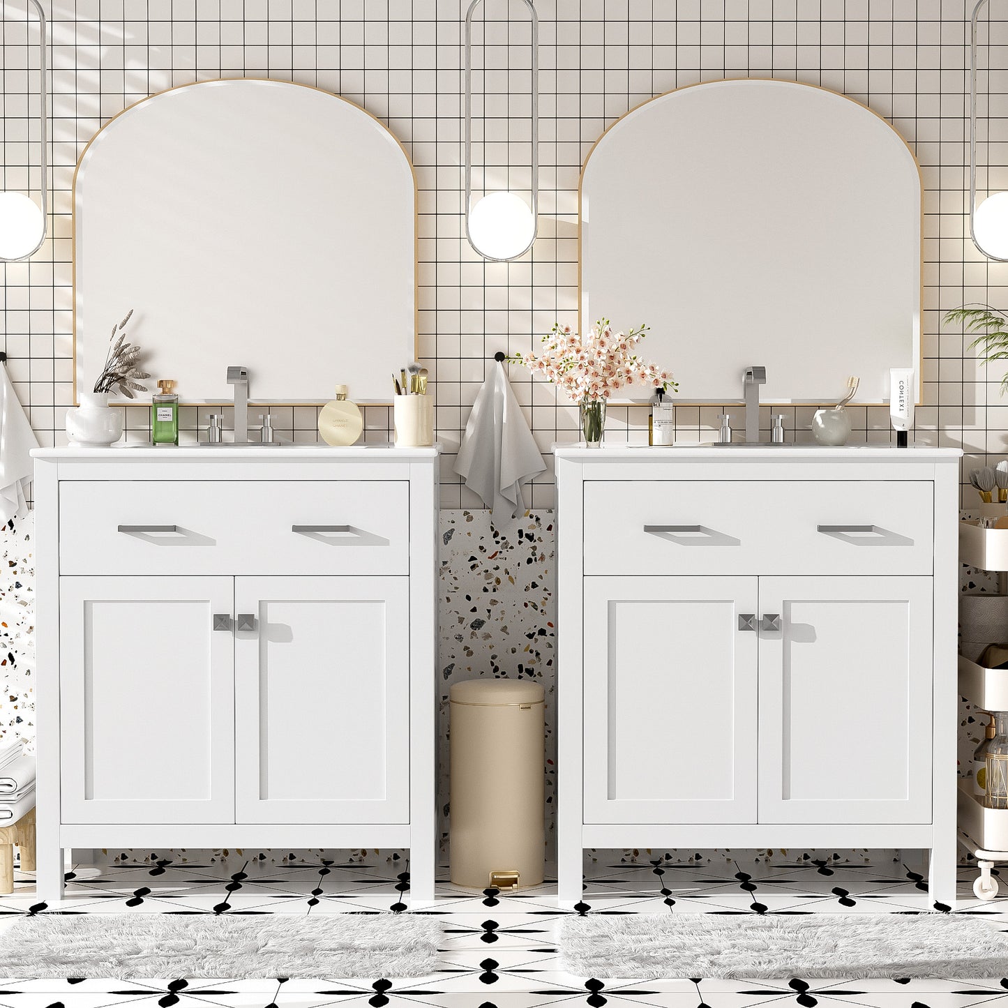 60  Modern White Bathroom Vanity Set With Double Vanities  Separate , Double Ceramic Sinks, Adjustable Shelf, Soft Close Doors And Flip Drawer-Modern Bathroom Solution For Spacious Bathrooms