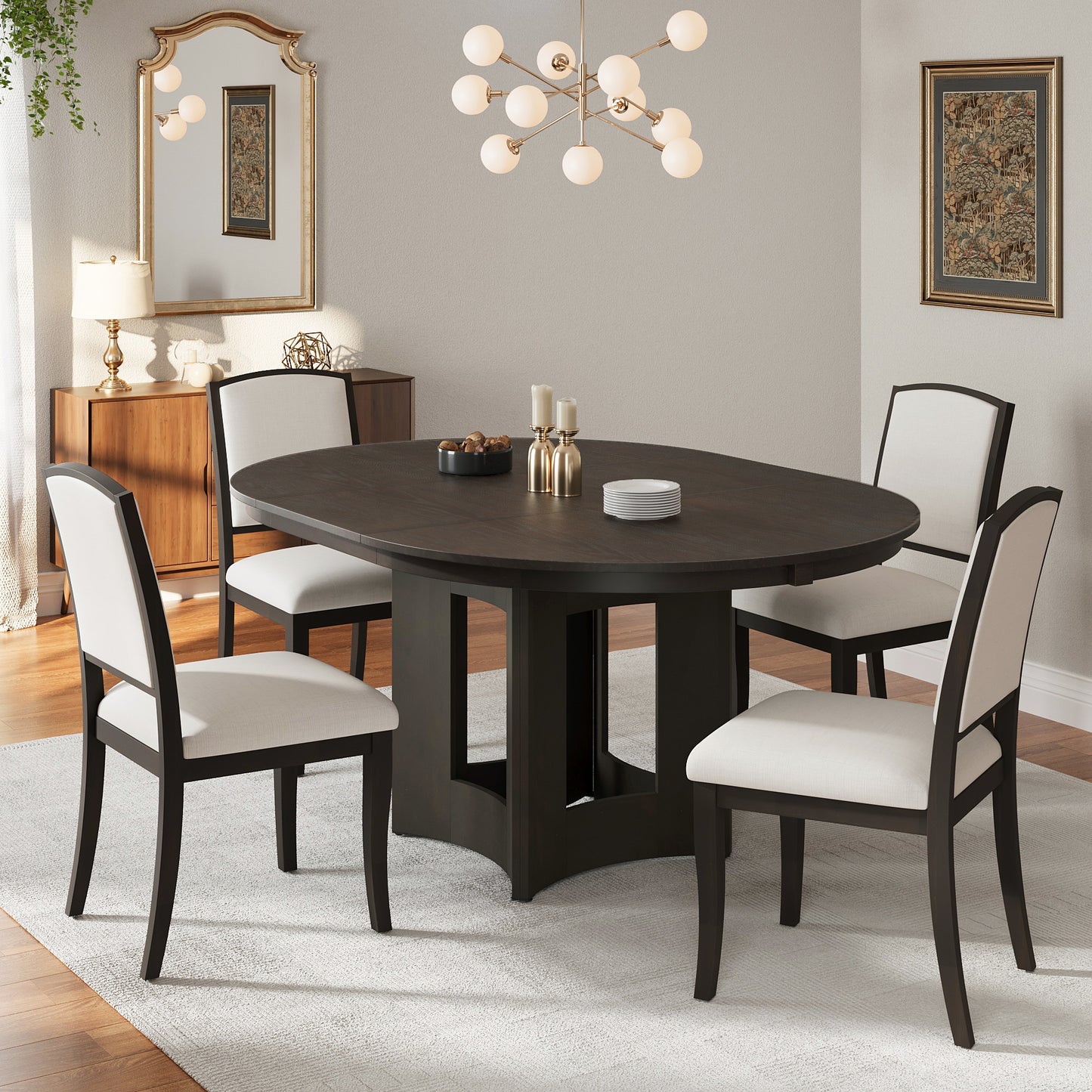 TOPMAX Farmhouse Extendable Round Dining Table Set For 4, 5-Piece Kitchen Table Set With 4 Upholstered Chairs And 16inch Removable Leaf For Small Places, Espresso Beige