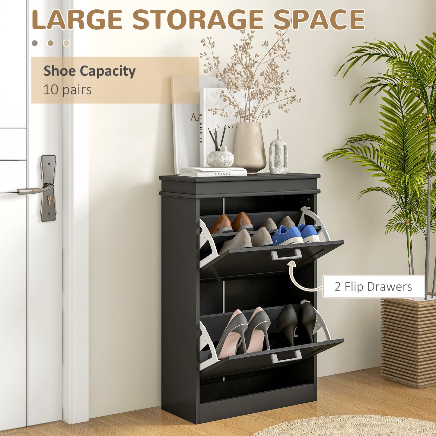 Modern Shoe Storage Cabinet With 2 Flip Drawers For 10 Pairs, Narrow Shoe Organizer For Entryway, Hallway, Black