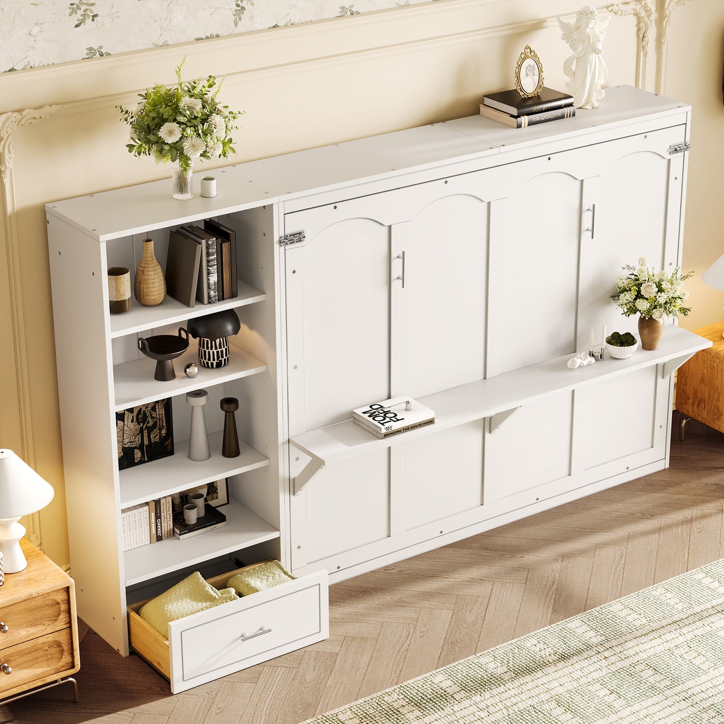 Queen Size Murphy Bed With Height Adjustable Storage Compartments And Shelf, Wall Bed Frame With 1 Drawer, Multifunctional Foldable Platform Bed For Bedroom,Guest Room, White OLD SKU N733S309223K