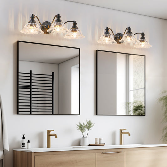 24 Inch 3-Light Vintage Bathroom Wall Sconce Elegant Black Metal And Glass Lampshade Vanity Light Fixture For Bathroom, Hallway, Or Bedroom Bulb Not Included