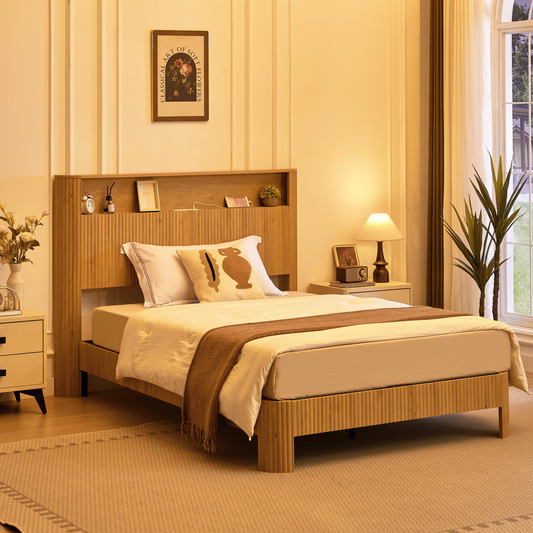 Full Extra Long Full XL  Size Bed Frame With Storage Headboard, Built-in Charging Station, Wavy Curved Lines Design, Silent Operation, Metal Support, Natural