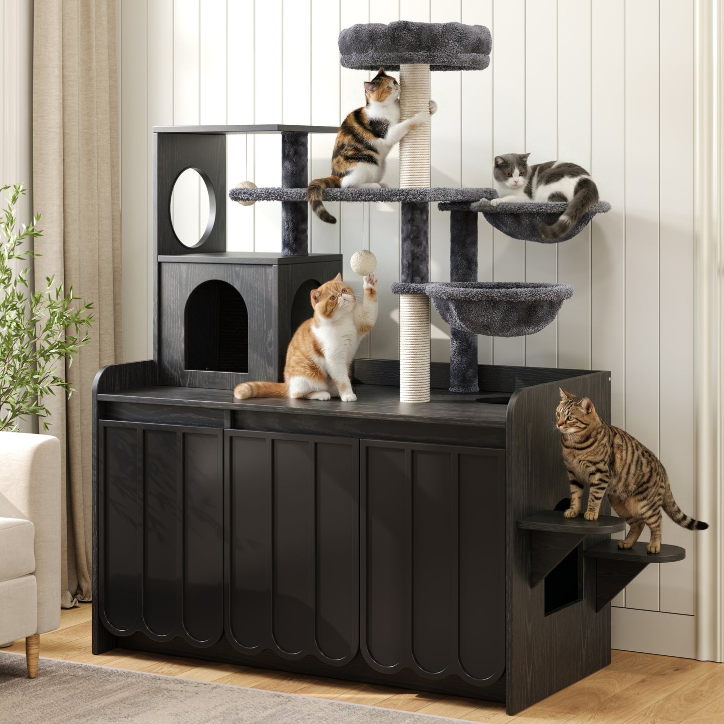 50.6 Cat Tree With Litter Box Enclosure, Cat Tower With Sisal Scratching Post And Storage Space, Hidden Litter Enclosure Furniture, All-in-One Modern Cat Condo With House, Hammock And Perch, Black