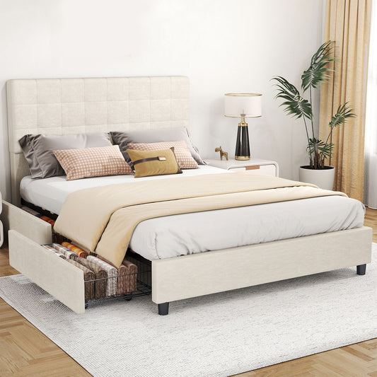 Bed Frame Upholstered Vertical Channel Headboard With 4 Storage Drawers Wood Slat Elegant Modern Bed Frame No Box Spring Needed Easy Assembly For Bedroom