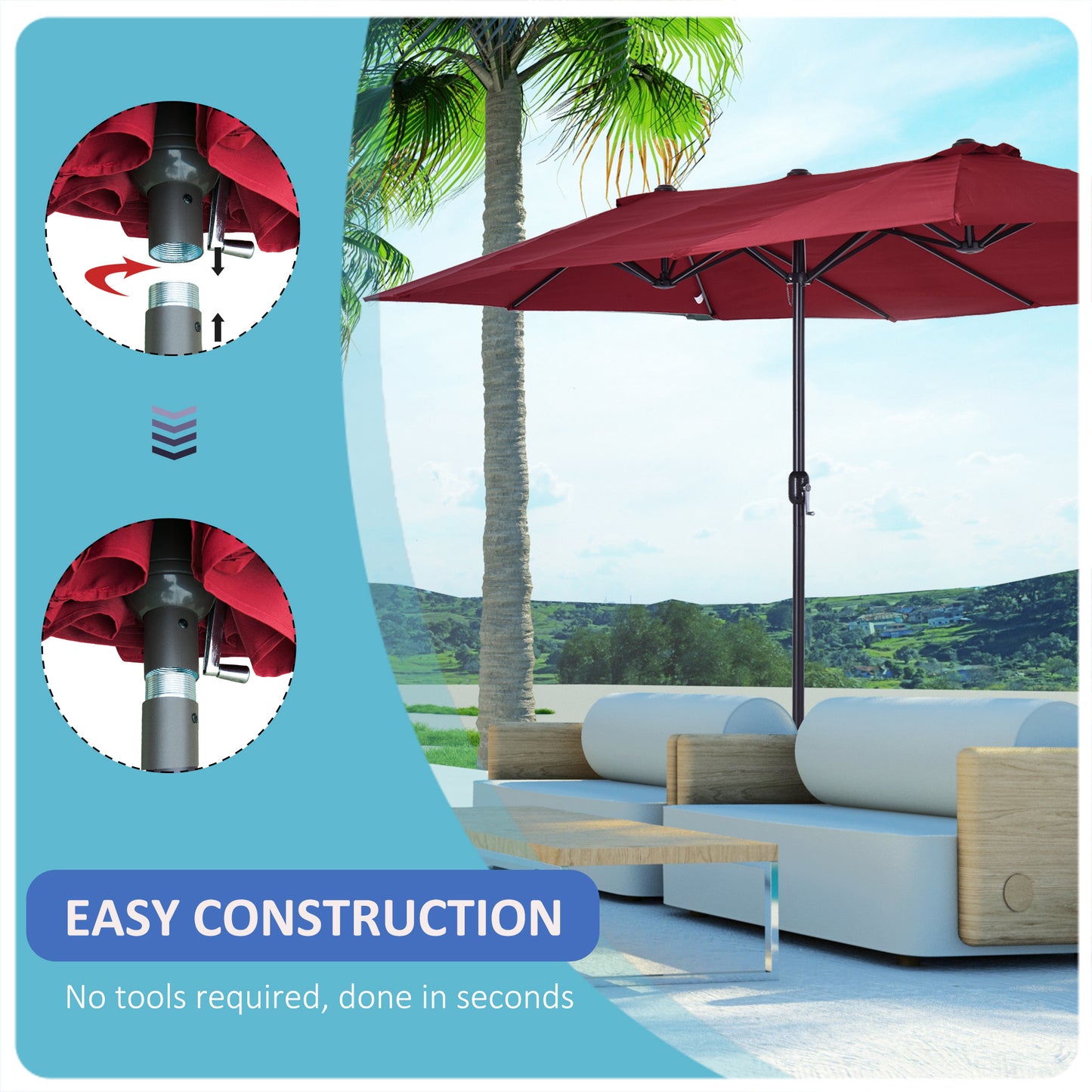 Extra Large 15 Ft Patio Umbrella, Double-Sided Large Outdoor Umbrella With Crank Handle And Air Vents For Backyard, Deck, Pool, Market, Wine Red