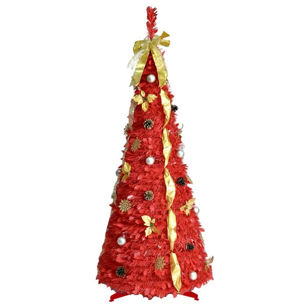 Artificial 6ft Red Pop-Up Christmas Tree With 150 Lights,4 Ribbons,1 Large Bow,12 Christmas Flowers,12 Snowflakes,12 Pine Cones,12 60MM Balls Indoor Holiday Decorating