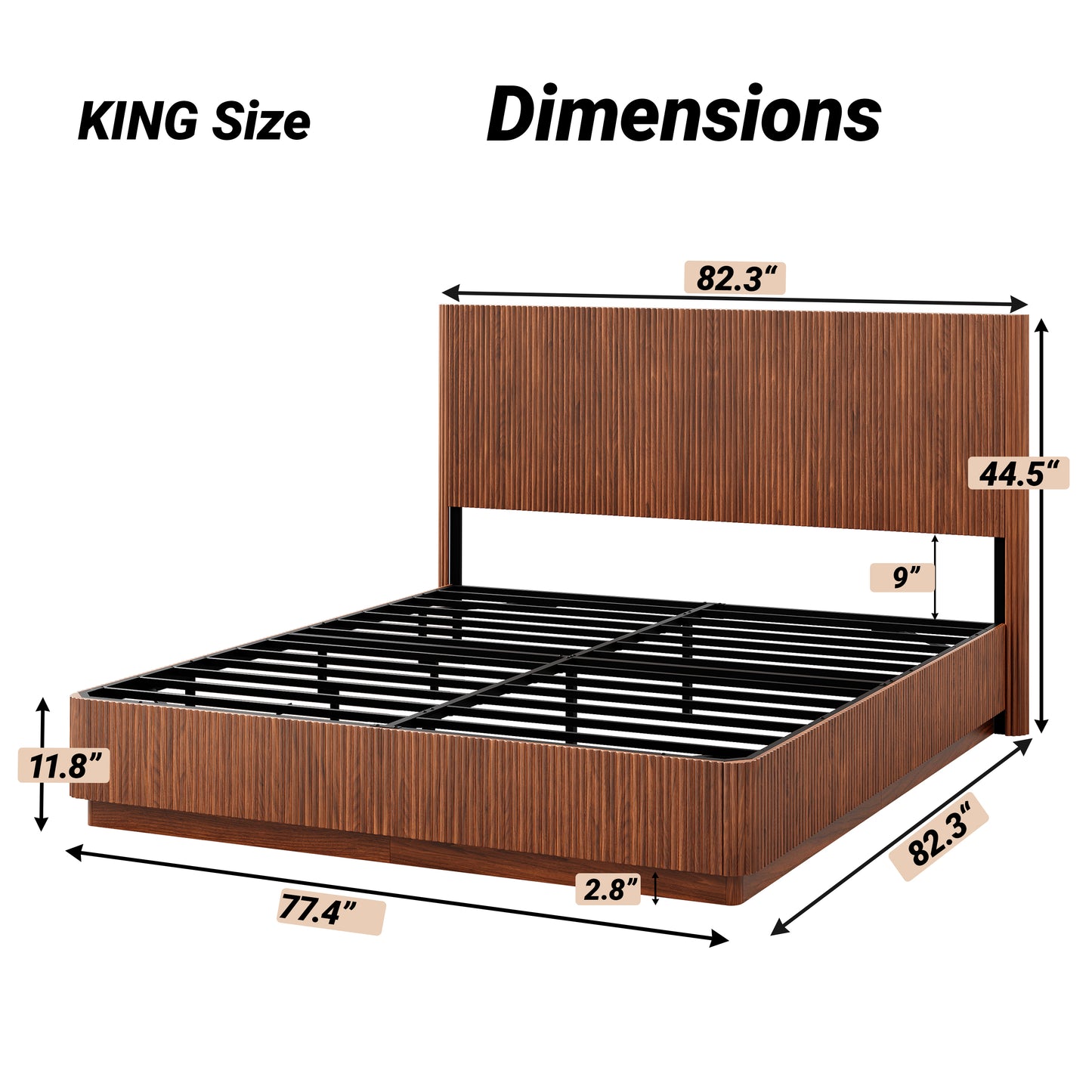 Kind Size Bed Frame With LED Lights, Modern Wooden Corrugated Curved Lines, Convex Groove Board Design, Walnut.
