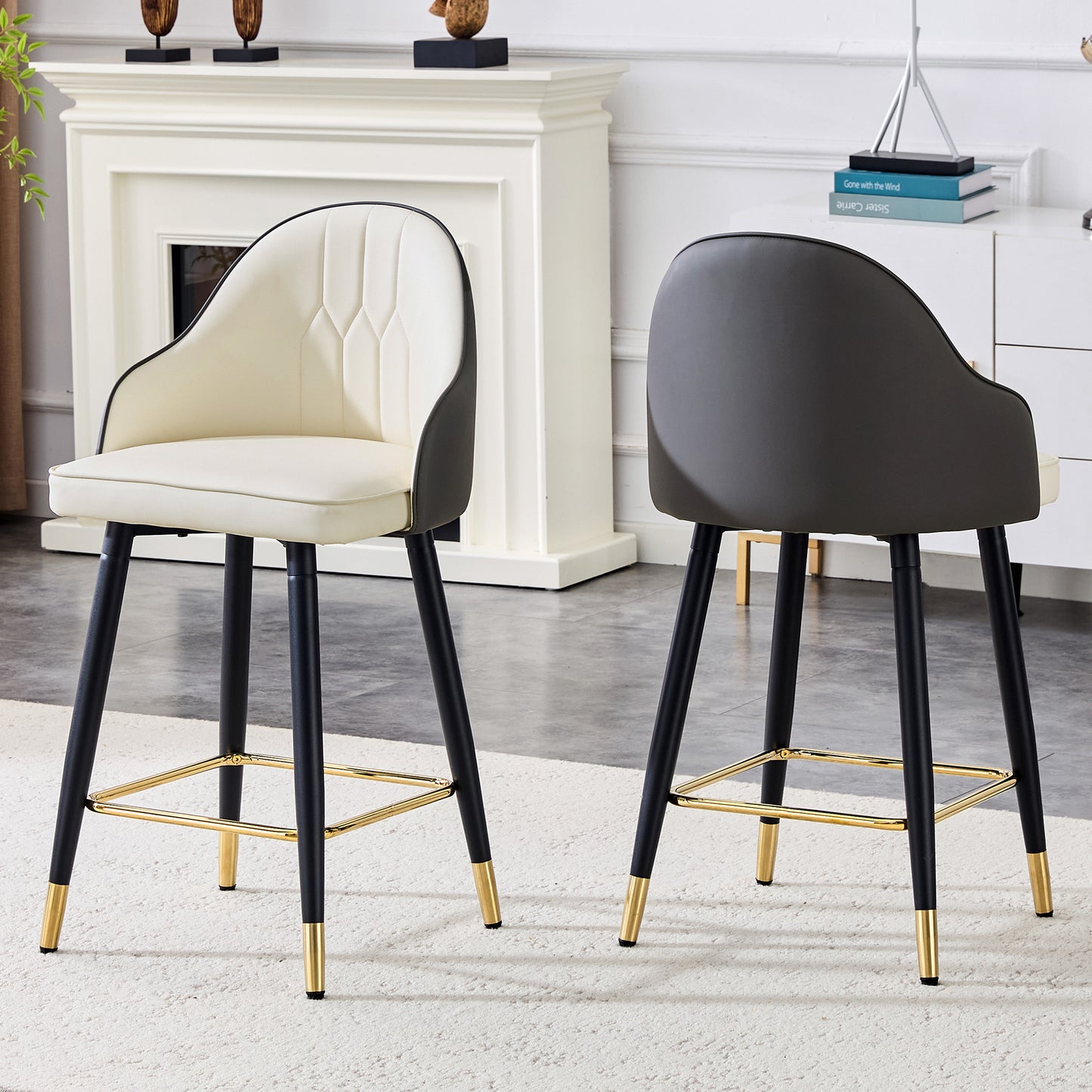 Set Of 2 White & Dark Gray Splicing Colors PU Leather Bar Stools 37.7 High, 25 Seat Height, Gold Accent Footrest, Ideal For Kitchen Island, Home Bar & Dining Area, Available In Light Gray, Black.