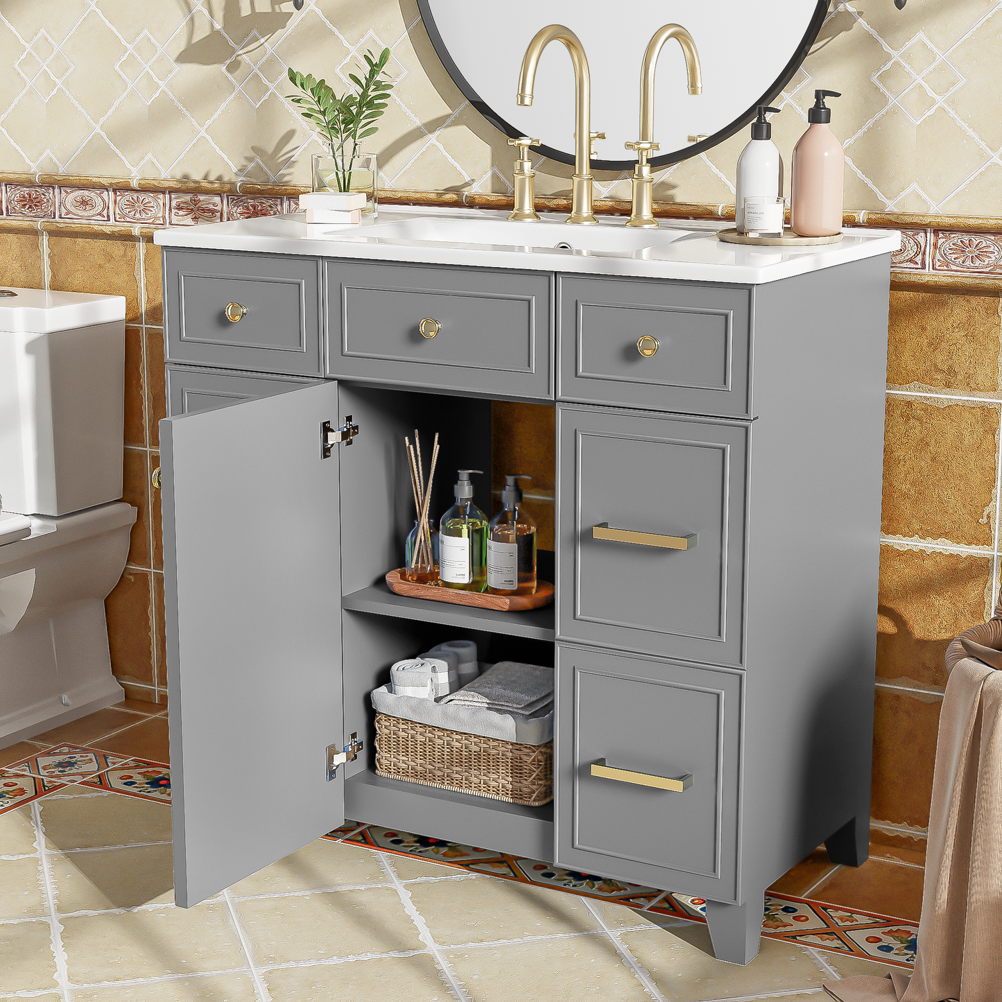 36  Bathroom Vanity With Ceramic Sink, Grey, Solid Wood Frame, Soft Close Doors, Adjustable Shelves, 3 Drawers, Including Double-Depth Drawer For Hairdryer Storage Old Sku SV000003AAL-1