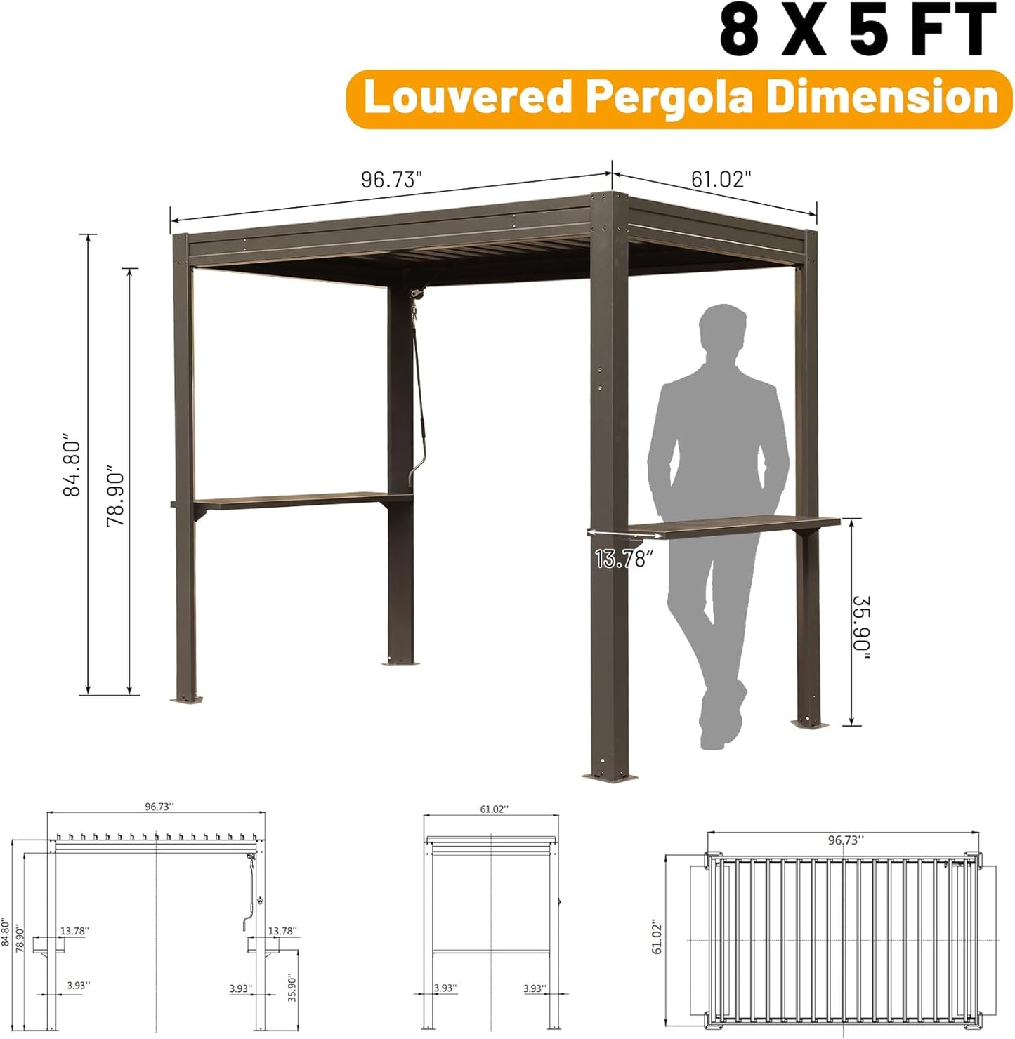 8x5 FT Grill Louvered Pergola For Outdoor Grill, Hardtop Grill Pergola With Built-in Gutter & Adjustable Rainproof Roof, Metal Shelter Gazebo For Patio  Deck -Brown
