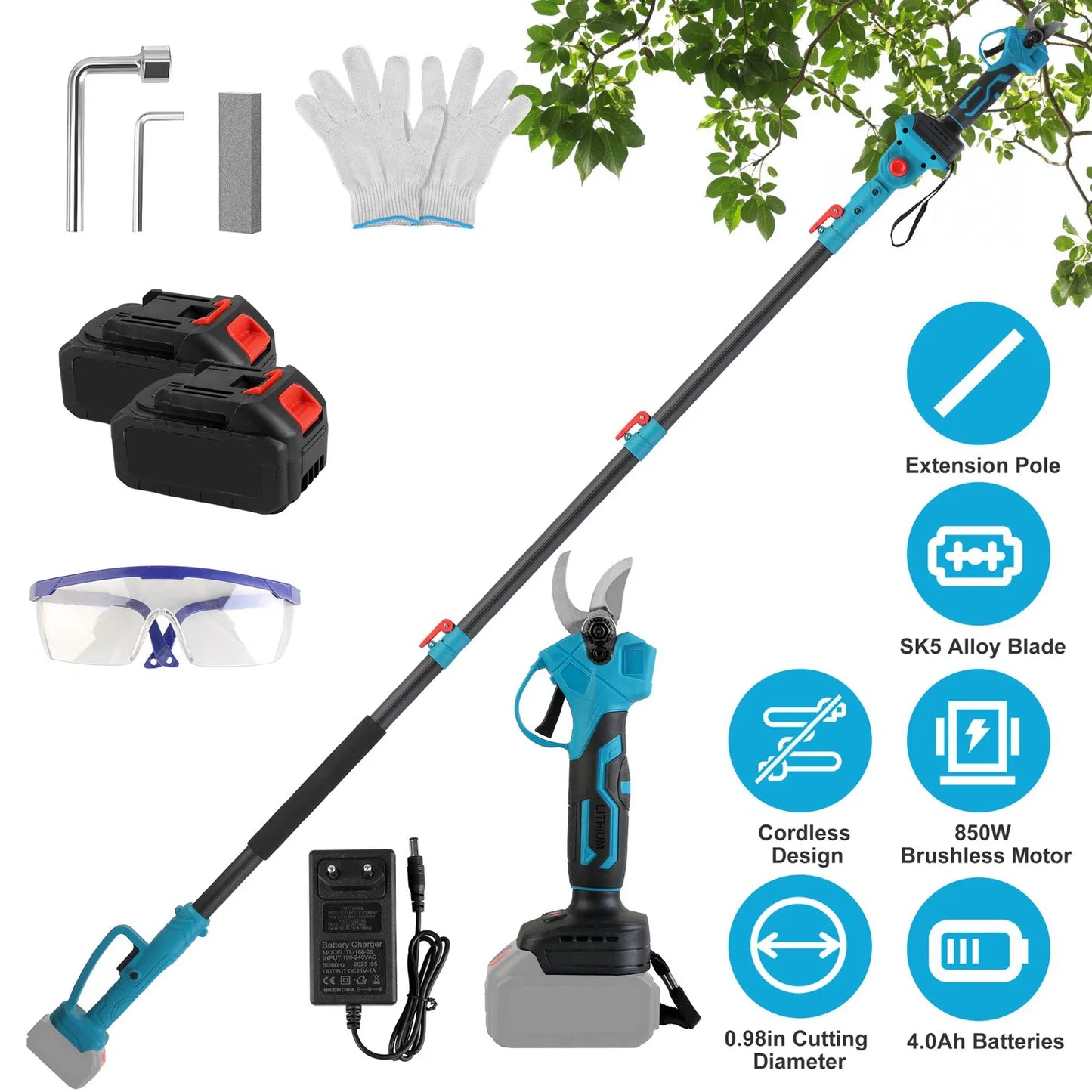 2-In-1 Electric Pruning Shear With Extension Pole 21V 4.0Ah Batteries Powered Cordless Pruner Reach 13FT High 0.98in Cutting Diameter For Tree Trimming
