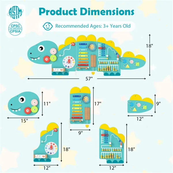 11-in-1 Dinosaur Activity Wall Busy Board Panels-- Wooden Sensory Toy-Green