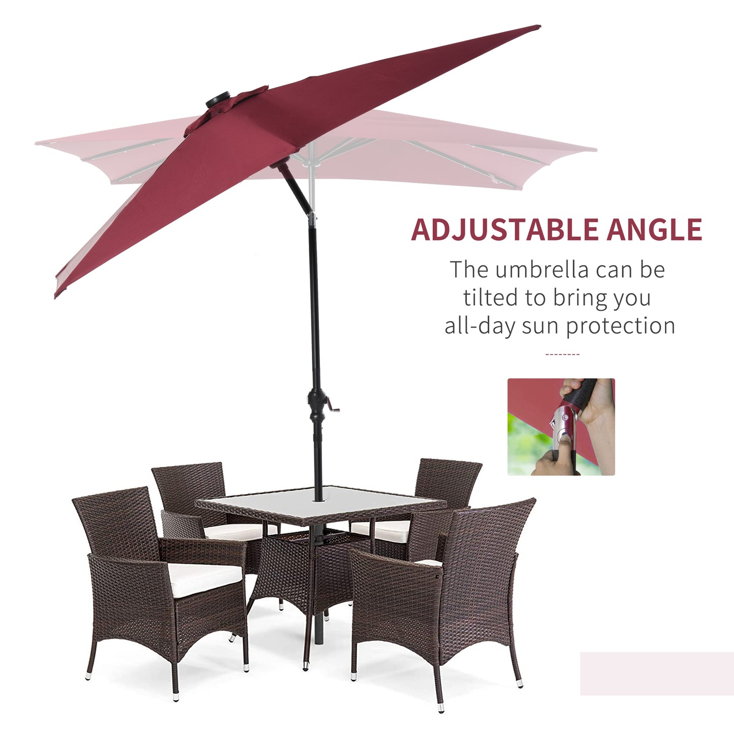 9' X 7' Solar Umbrella, LED Lighted Patio Umbrella For Table Or Base With Tilt & Crank, Outdoor Umbrella For Garden, Deck, Backyard, Pool, Beach, Wine Red